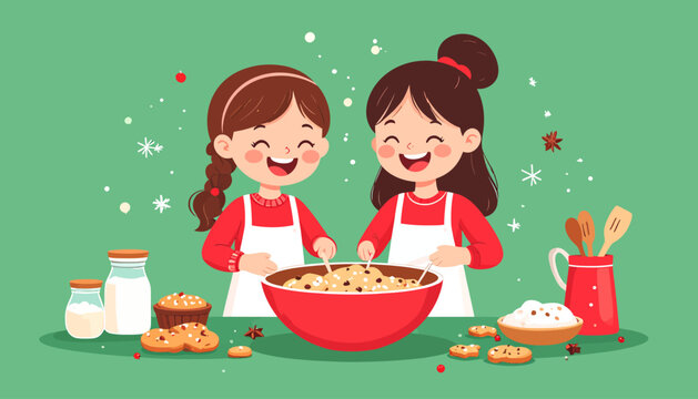 Two happy young girls baking cookies together in a festive kitchen setting.