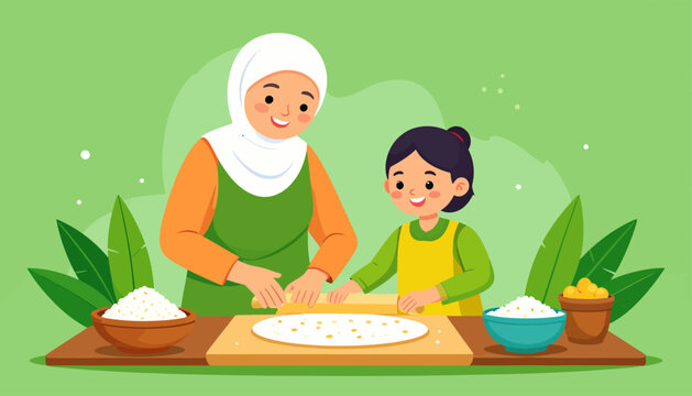 A mother and child wearing hijabs happily making dough together on a wooden board with bowls of flour on a green background.