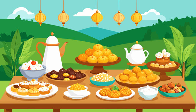 A vibrant outdoor feast with a variety of traditional sweets and savory dishes laid out on a wooden table under hanging lanterns with a lush green landscape background.