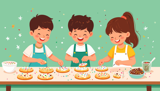 Three smiling children happily decorating freshly baked cookies with colorful sprinkles and chocolate chips on a wooden table.