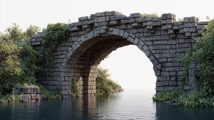 Ruined stone arch bridge over a calm river, overgrown with vegetation
