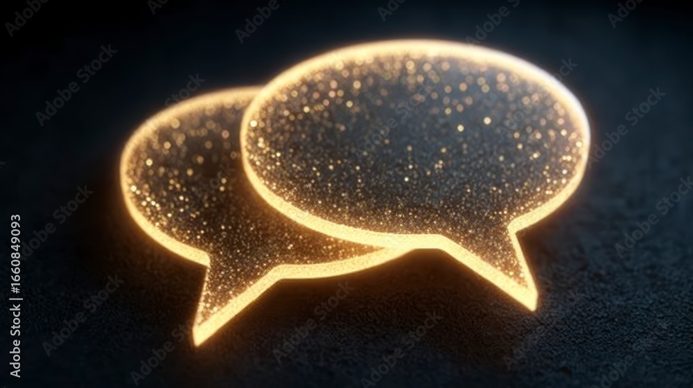 Poster two glowing golden speech bubbles filled with sparkling particles rendered on a dark textured backgr