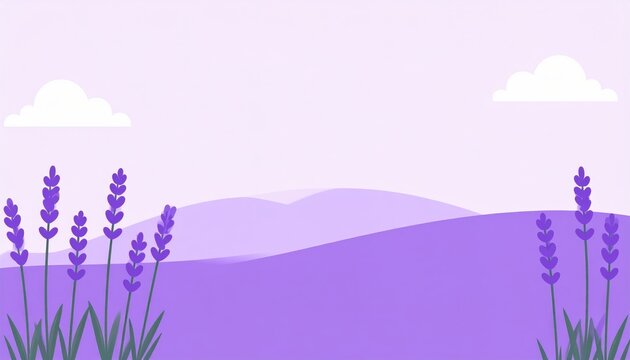 Peaceful lavender field landscape with rolling hills and fluffy clouds in a soft pastel sky, perfect for nature, relaxation, and tranquility themes