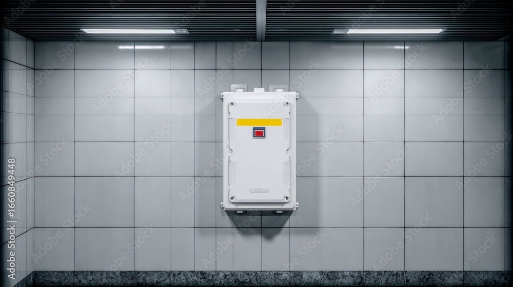Poster white utility box with yellow stripe and red button mounted on tiled wall