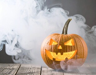 Fototapeta premium Illuminated Jack-o'-lantern in Eerie Smoke on Rustic Wood
