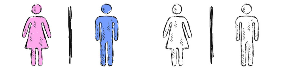 Grunge hand drawn man woman toilet sign vector for restrooms, facilities, and public spaces with a raw, artistic feel. Perfect for illustrating gender-neutral signs, public services