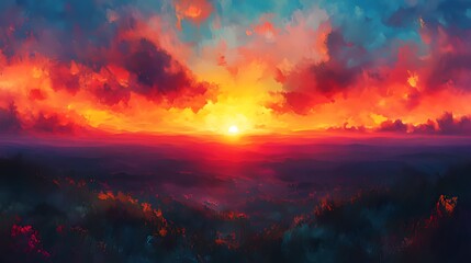 Impressionist Dual Scenes: Abstract Busy City in Blue-Yellow Tones & Fiery Orange-Red Sunrise/Sunset Landscape with Wet Streets, Buildings & Mountain Terrain