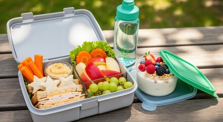 Healthy packed lunch box with star-shaped sandwiches, fresh fruits, vegetables, and yogurt for a school or work meal outdoors.
