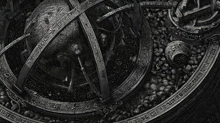 Fototapeta premium Complex orrery with celestial markings amidst a background of scattered items