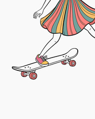 Hand-Drawn Skateboard Illustration with Cheerful Character, Vibrant Retro Clothes, Playful Vibe, Blue Accent