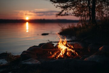 Bonfire by the Lakeside at Sunset