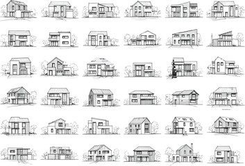 Collection of architectural hand drawn sketches showcasing diverse residential building designs and facade styles