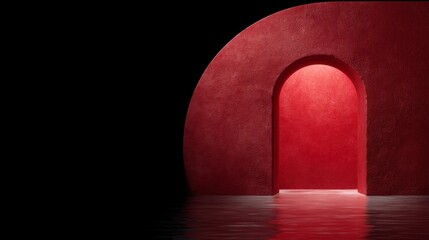 A red arched doorway with light streaming through reflected in dark water