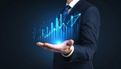 A man in a suit has one hand outstretched against a dark background, with a glowing, rising blue line chart on his hand
