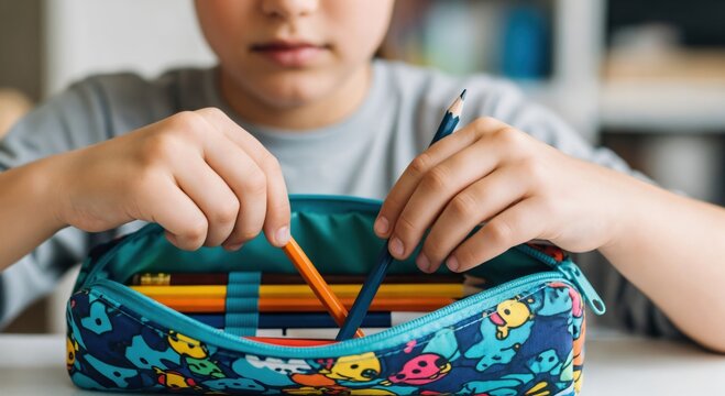 Close up of a young student's hands taking colored pencils from a vibrant pencil case. Preparing for school, art class, or homework. - Powered by Adobe