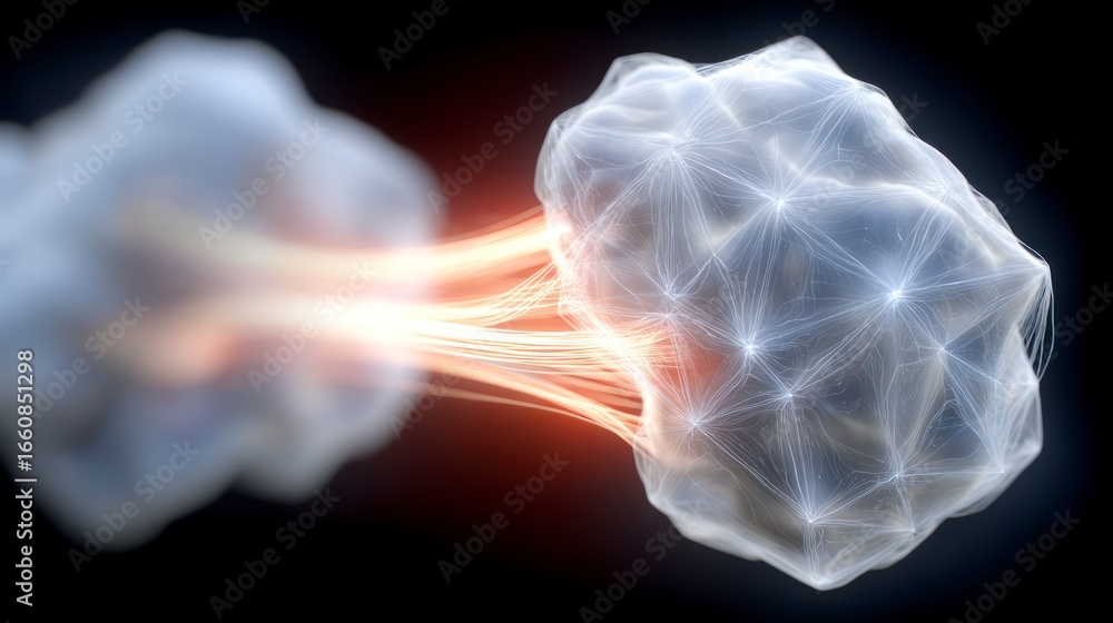 Poster abstract cellular structures with glowing fibers connecting two cellular bodies
