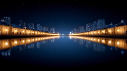 Fototapeta premium Illuminated historic buildings line a tranquil canal reflecting city skyline and stars at night