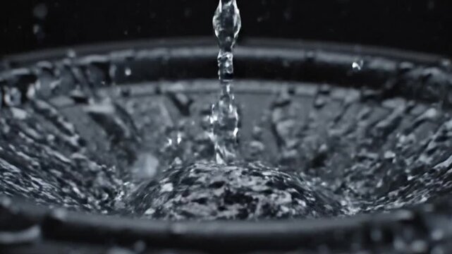 An extreme close-up of a large speaker woofer vibrating powerfully to a deep bass beat, with powder or liquid dancing on its surface.