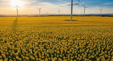 Wind turbines in a beautiful sunflower field at sunset. Renewable energy and sustainable agriculture concept.