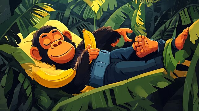 Chimpanzee sleeping in jungle with banana