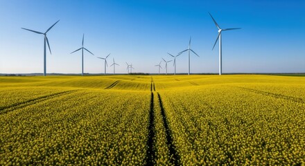 Scenic rural landscape with a wind farm in a vibrant yellow rapeseed field. Sustainable energy and agriculture concept.