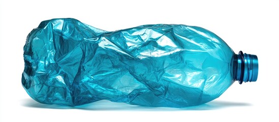 Fototapeta premium Crumpled teal plastic bottle on white background
