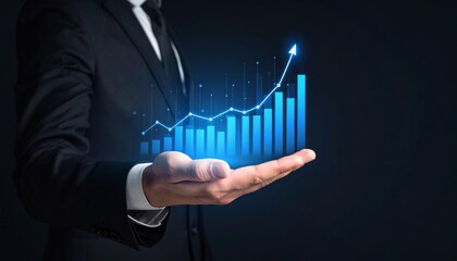 A man in a suit has one hand outstretched against a dark background, with a glowing, rising blue line chart on his hand