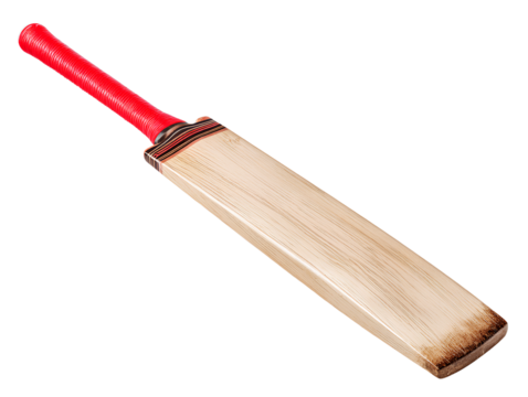 Wooden Cricket Bat with Red Grip, Front View, Isolated on Transparent Background