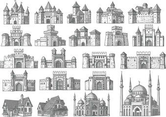 Collection of hand drawn architectural illustrations featuring diverse european castles and historic buildings in black and white sketch style