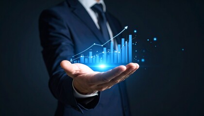 A man in a suit has one hand outstretched against a dark background, with a glowing, rising blue line chart on his hand
