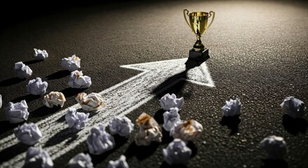 The path to success and achieving goals. A concept image showing a trophy at the end of an arrow, surrounded by crumpled paper representing trial and error.