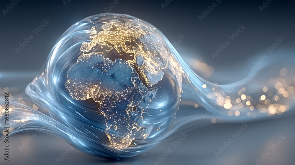 Aufkleber illuminated earth sphere enveloped by flowing light streams and bokeh globe
