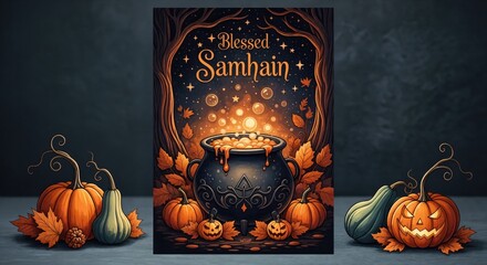 Blessed Samhain festive illustration with a magical bubbling cauldron, jack-o-lanterns, and autumn foliage under a starry night sky