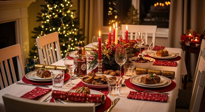 A beautifully set Christmas dinner table with festive decorations, glowing candles, and a lit Christmas tree in the background.