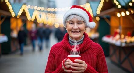 Happy senior woman in a Santa hat enjoying a hot drink at a festive outdoor Christmas market with bokeh lights.