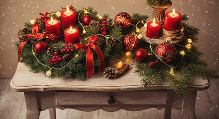 Festive Christmas Advent wreath centerpiece with four burning red candles, ornaments, and glowing lights on a rustic wooden table. Cozy holiday home decoration.