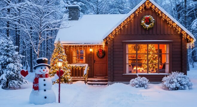 Festive wooden cabin decorated for Christmas holidays with a snowman in a snowy winter wonderland scene at night