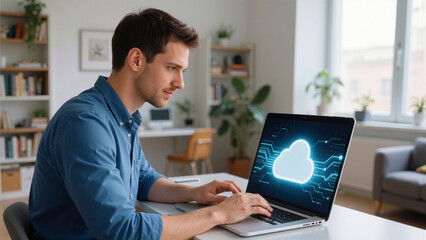 Fototapeta premium Cloud Data Entry Remote Work Laptop With Glowing Cloud Icon Modern Home Office