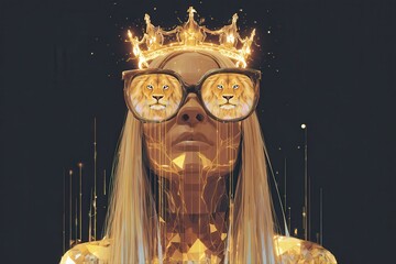 A stylish woman wearing glasses and a crown on her head, exuding confidence and elegance. Her golden hair shines radiantly, giving her a futuristic and regal appearance.