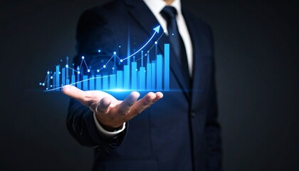 A man in a suit has one hand outstretched against a dark background, with a glowing, rising blue line chart on his hand