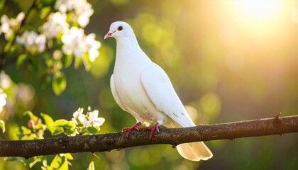 Obraz premium A serene white dove perched on a branch with flowering branches in the background