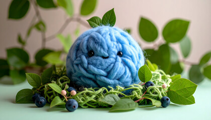 Obraz premium Adorable Blue Yarn Creature Surrounded by Blueberries and Lush Greenery.