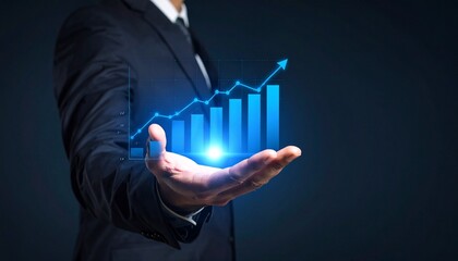 A man in a suit has one hand outstretched against a dark background, with a glowing, rising blue line chart on his hand