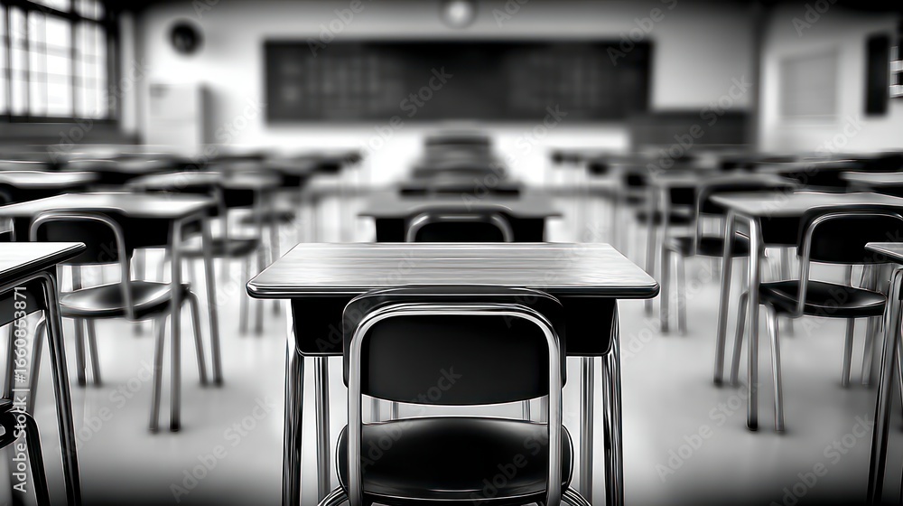 Poster empty classroom with rows of desks and chairs blackboard and window school