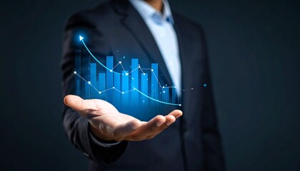 A man in a suit has one hand outstretched against a dark background, with a glowing, rising blue line chart on his hand