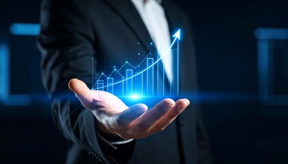 A man in a suit has one hand outstretched against a dark background, with a glowing, rising blue line chart on his hand