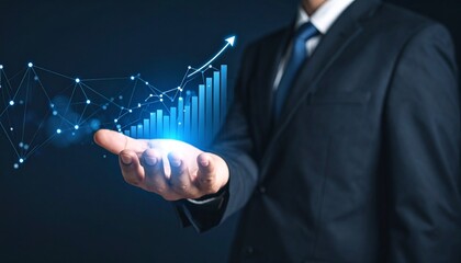 A man in a suit has one hand outstretched against a dark background, with a glowing, rising blue line chart on his hand