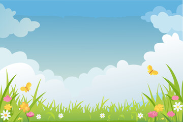 Obraz premium A serene cartoon landscape with a blue sky and fluffy white clouds overhead