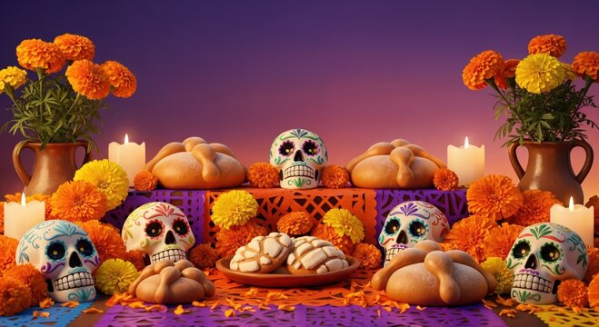 Vibrant Dia de los Muertos ofrenda with colorful sugar skulls, pan de muerto bread, and bright orange marigold flowers