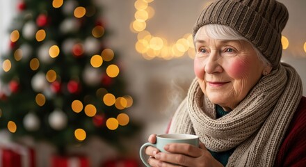 Elderly Caucasian woman in a cozy scarf and hat holding a warm mug with a Christmas tree in the background.